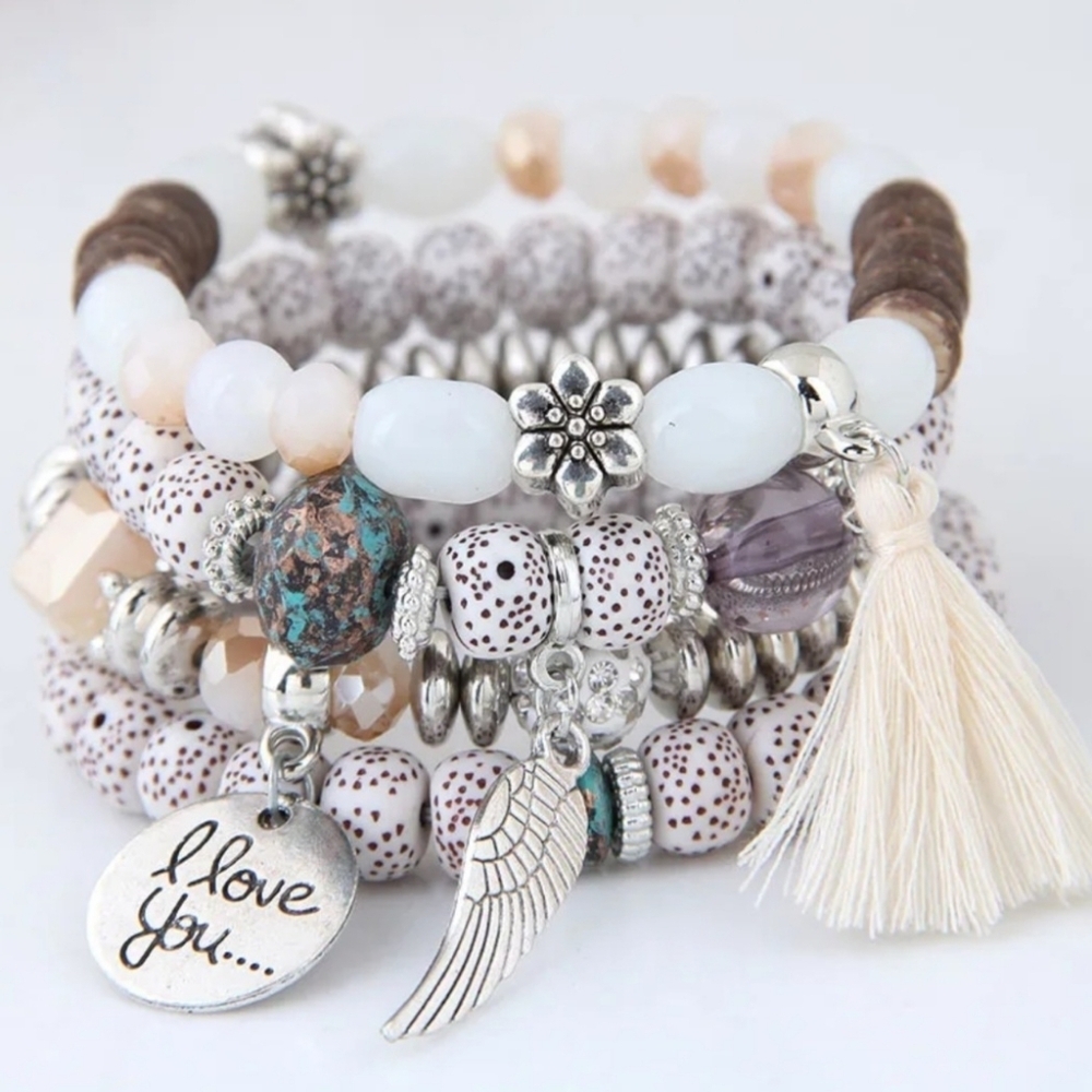 Beaded Multi-layer Bracelet With Tassel 4 Bracelet Set - Picture 1 of 11